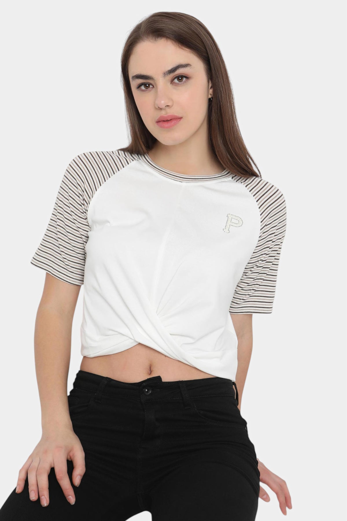 White Raglan T-Shirt with Striped Sleeves