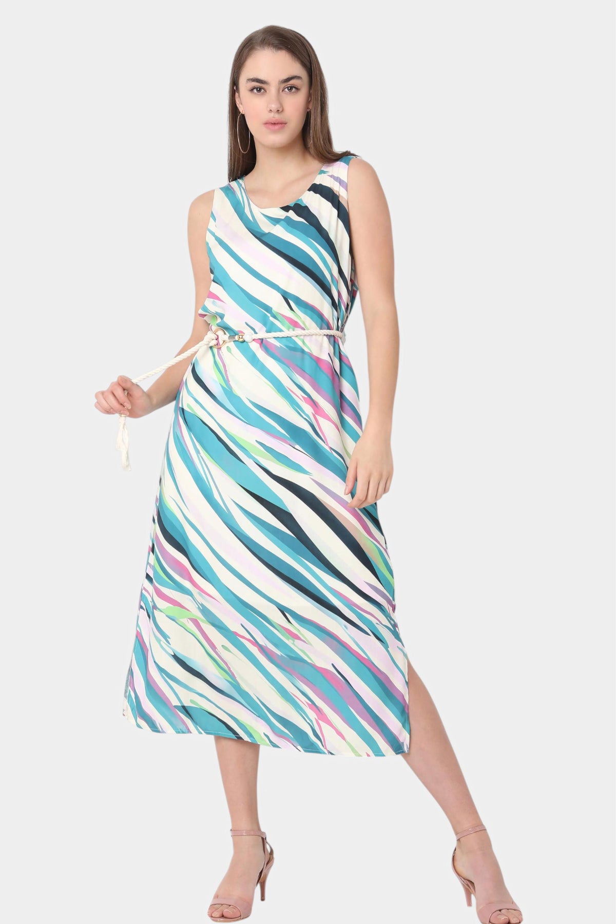 Multicolour Abstract Stripe Print Sleeveless Midi Dress