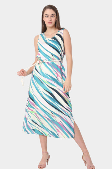 Multicolour Abstract Stripe Print Sleeveless Midi Dress