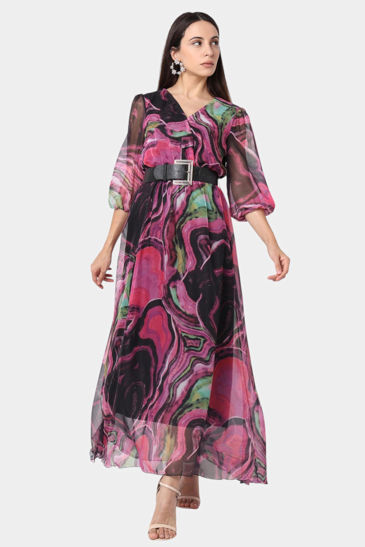 Pink Marble Print Belted Maxi Dress
