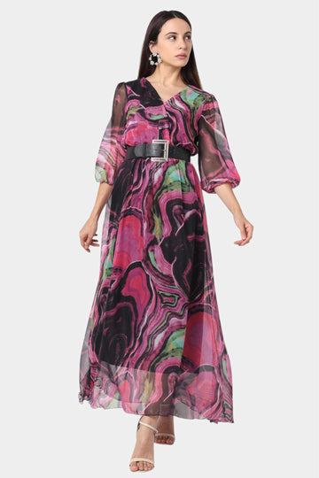 Pink Marble Print Belted Maxi Dress