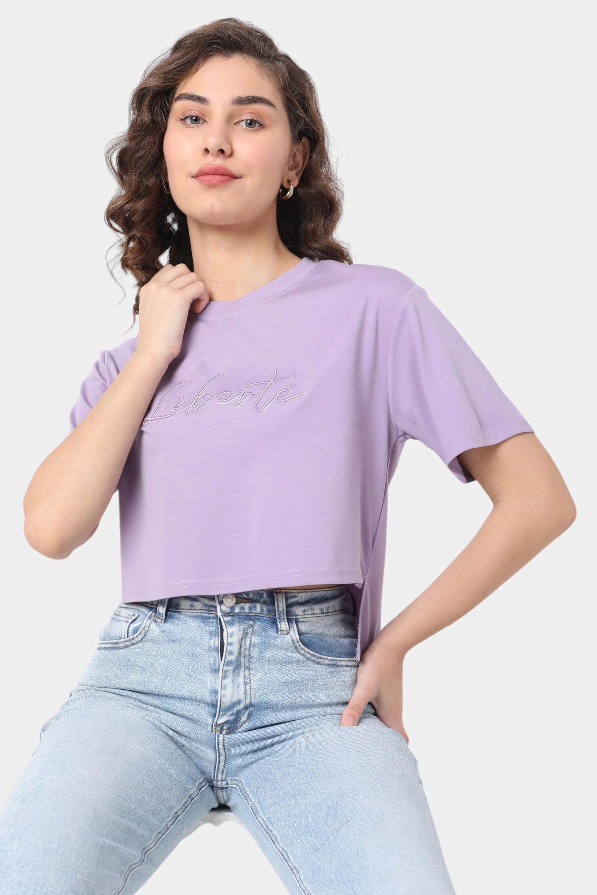 Lavender Embroidered Slogan Crop T-Shirt