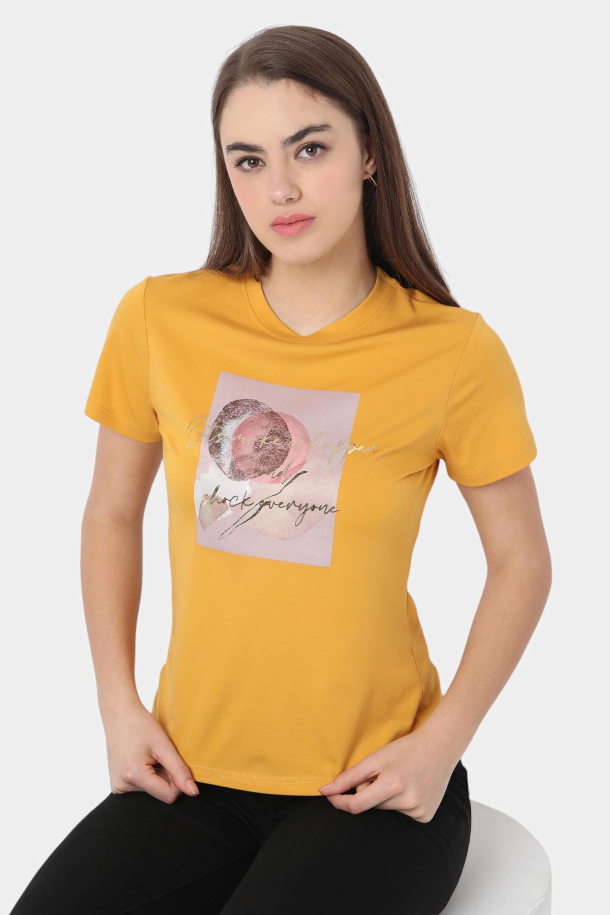 Mustard Graphic Print T-Shirt with Foil Text