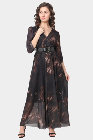 Brown Tie-Dye Print Belted Wrap Maxi Dress
