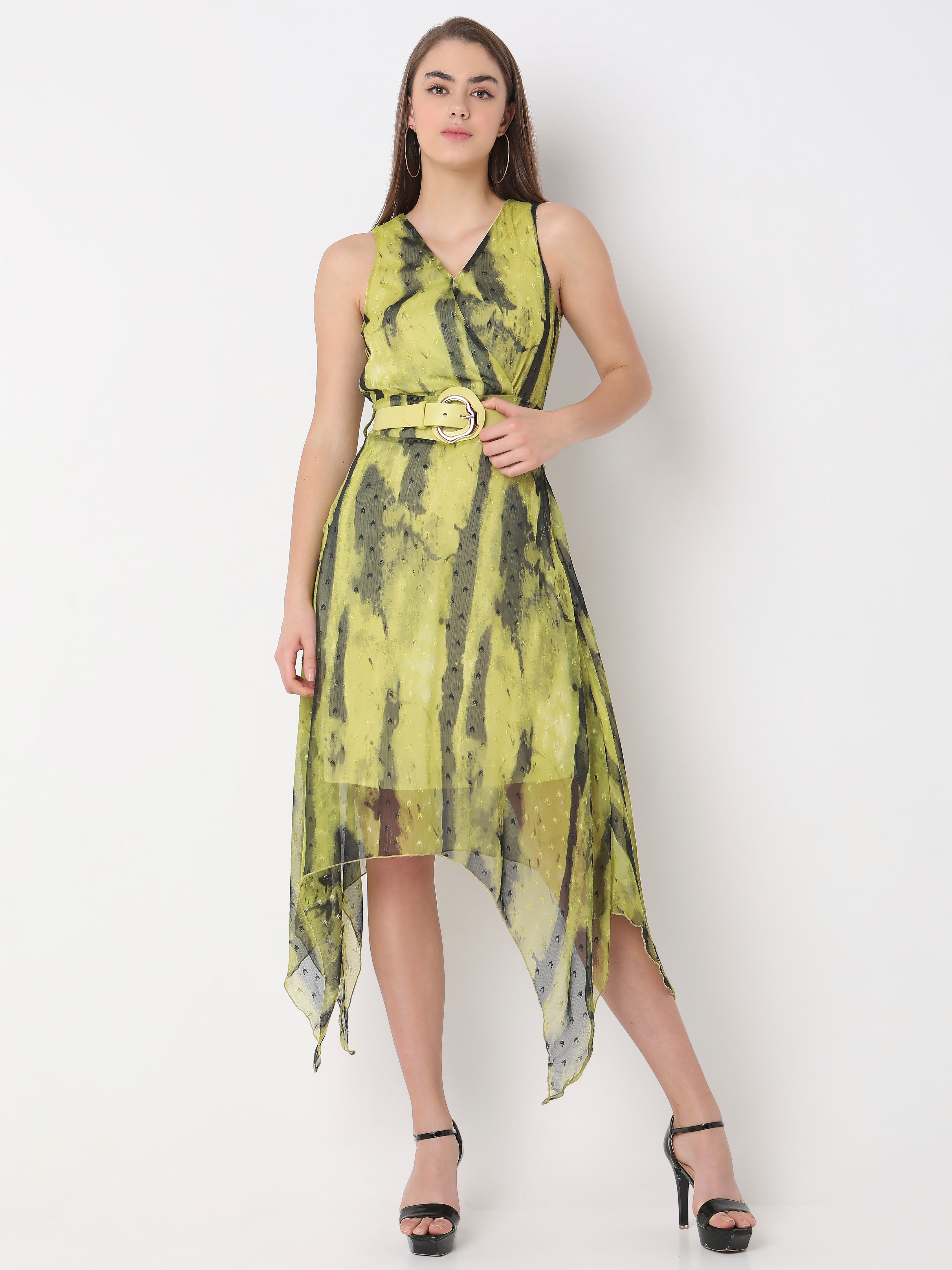 Women's Stylish Asymmetric Hem Belted Dress