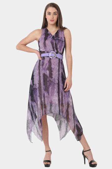 Purple Tie-Dye Print Belted Handkerchief Hem Dress