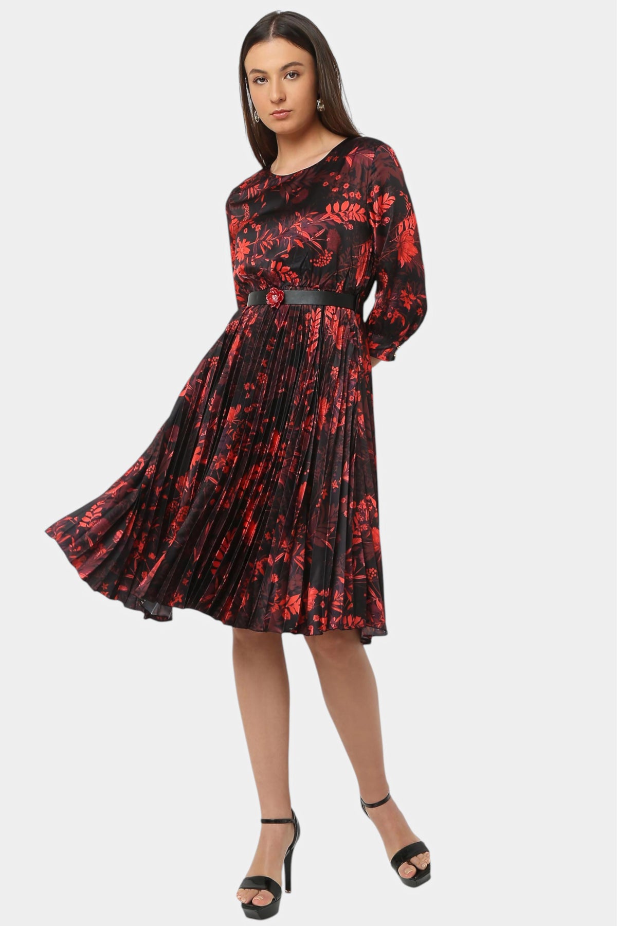 Red and Black Floral Print Pleated Fit and Flare Dress