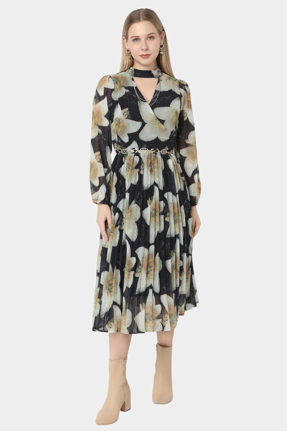 Black Floral Print Pleated Midi Dress with Choker Neck
