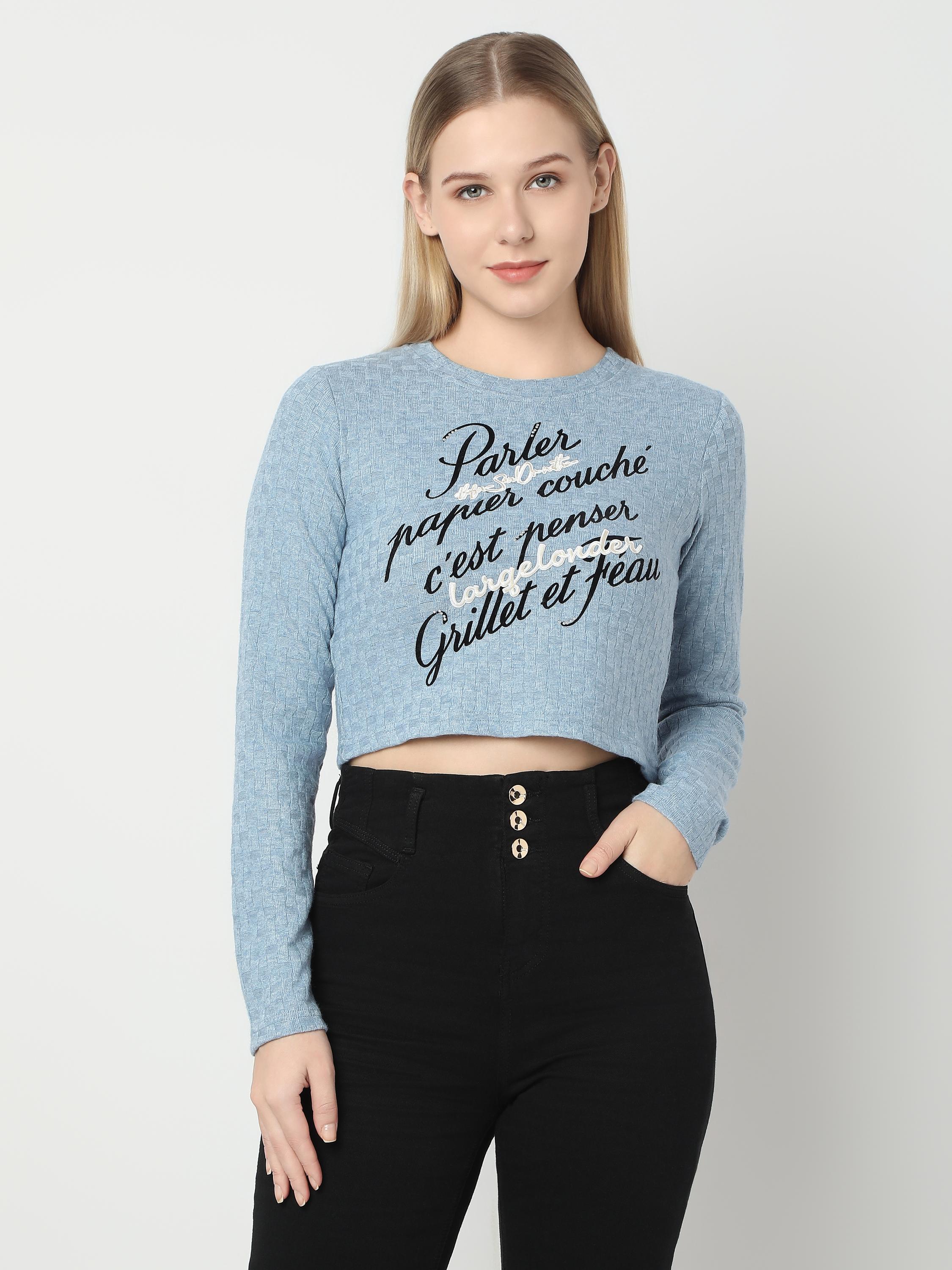 Blue French Script Crop Top