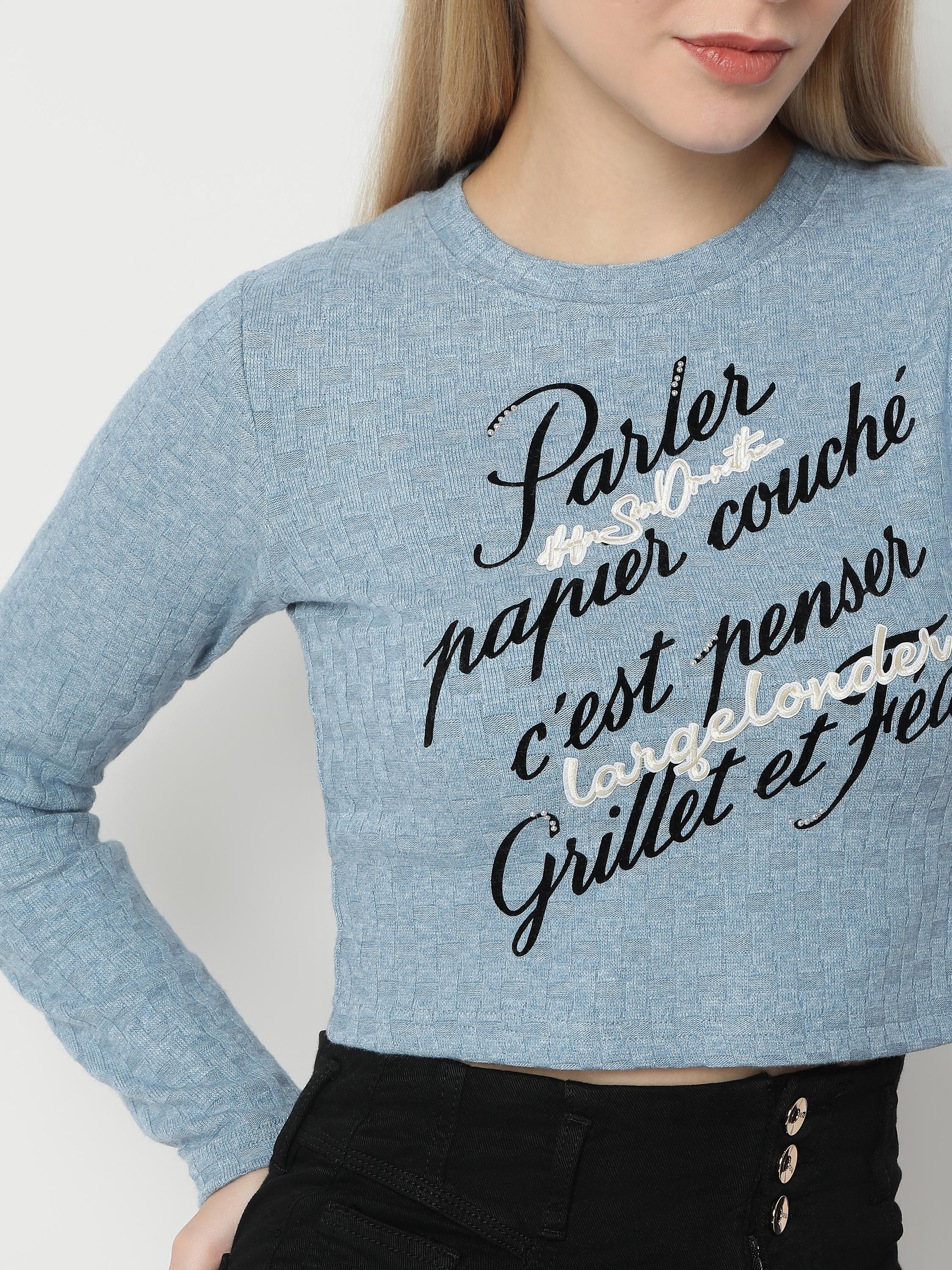Blue French Script Crop Top