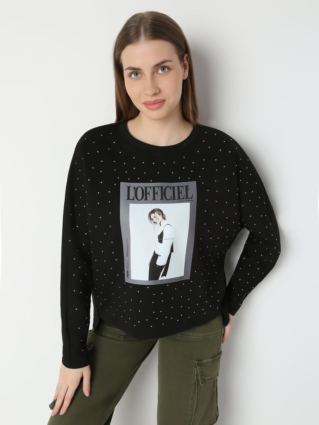 Studded Graphic Print Oversized Sweatshirt
