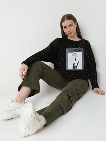 Studded Graphic Print Oversized Sweatshirt