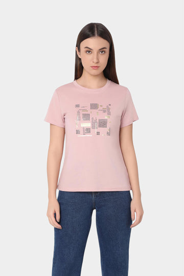 Pink Embellished Abstract Graphic T-Shirt