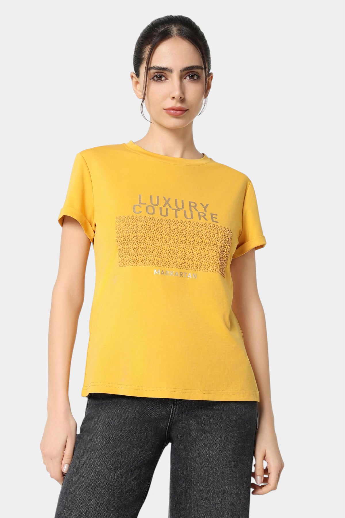 Mustard Luxury Couture Embellished T-Shirt