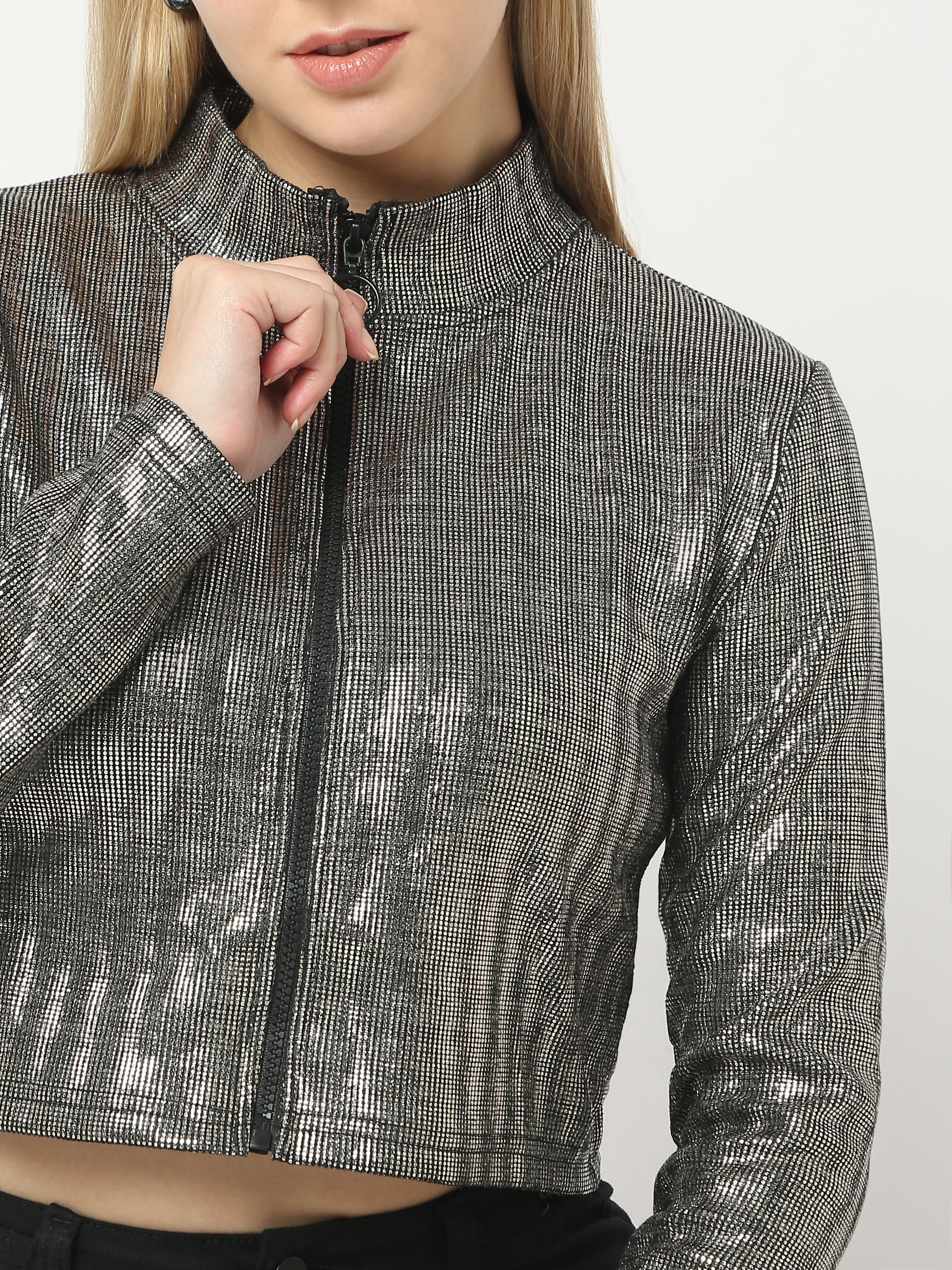 Metallic Zip-Up Cropped Jacket
