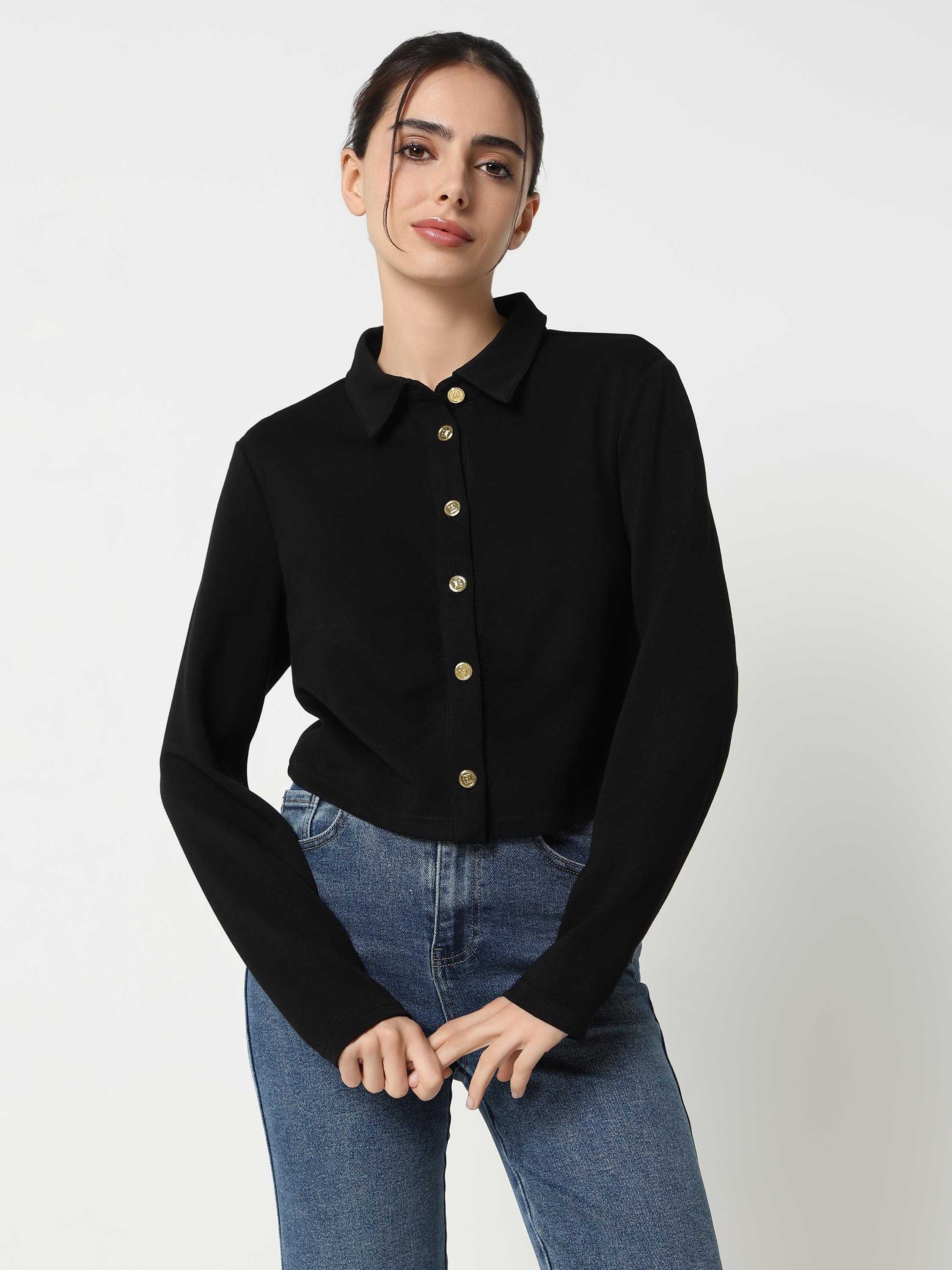Black Cropped Shirt with Gold Buttons