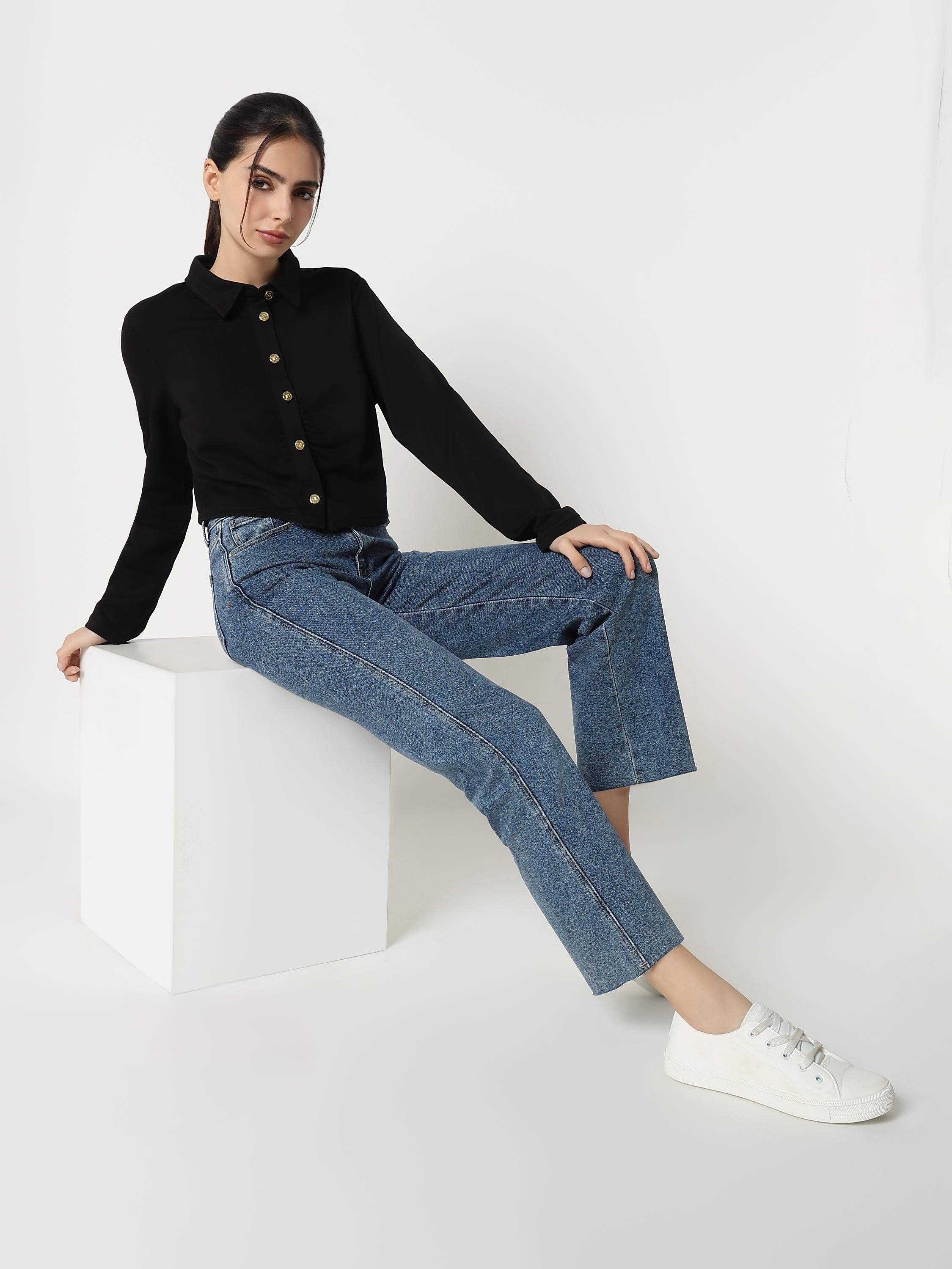 Black Cropped Shirt with Gold Buttons