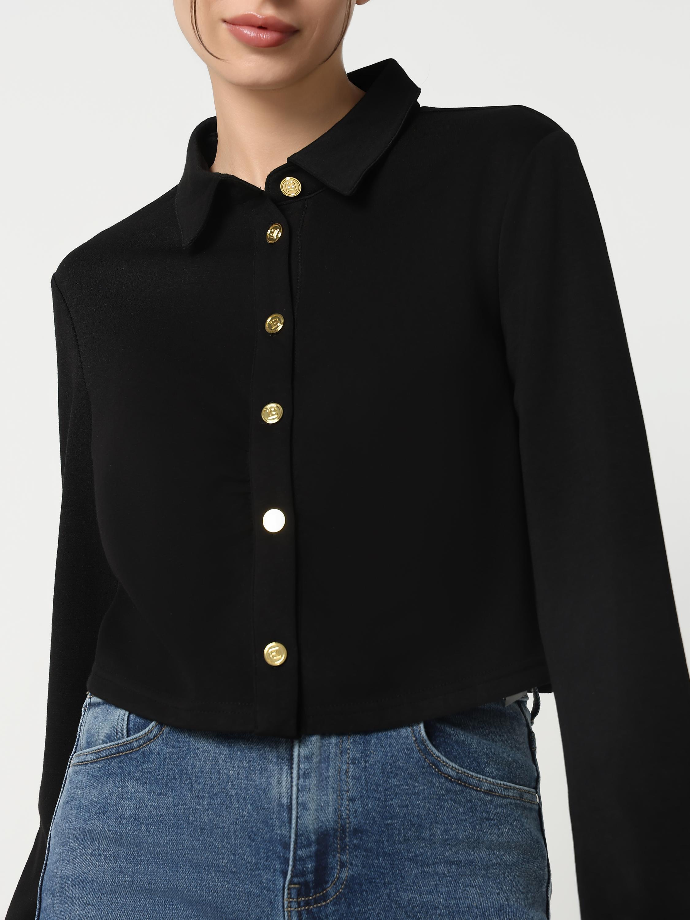 Black Cropped Shirt with Gold Buttons