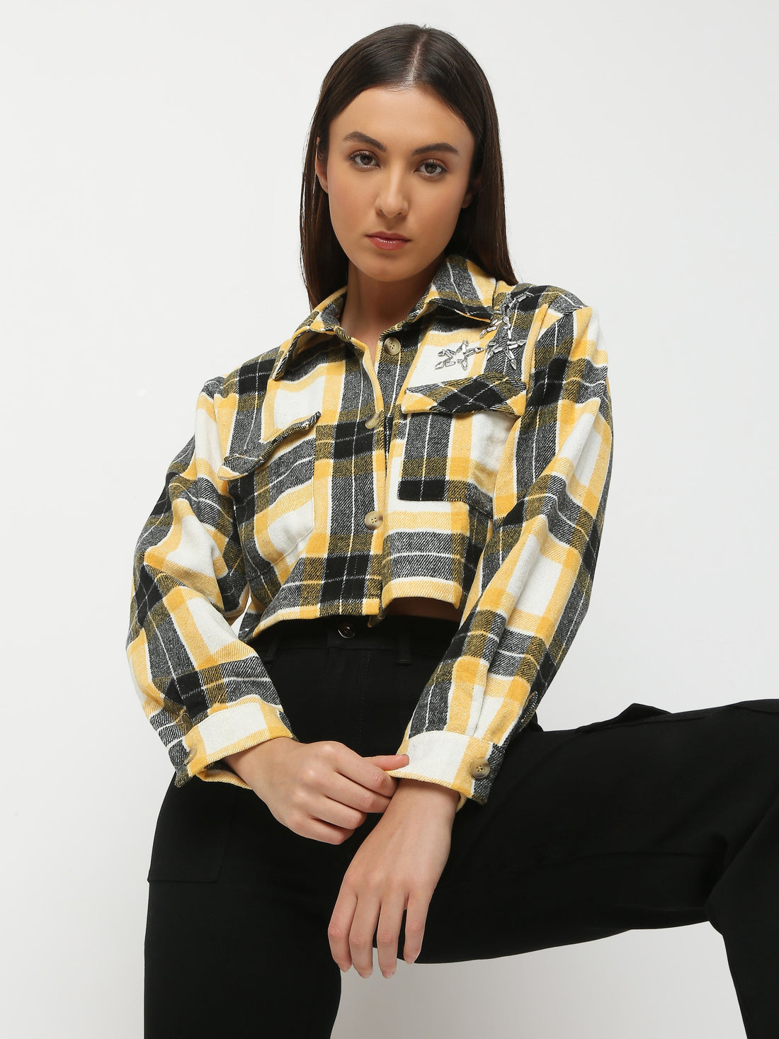 Cropped Yellow & Black Plaid Shirt with Embellished Stars