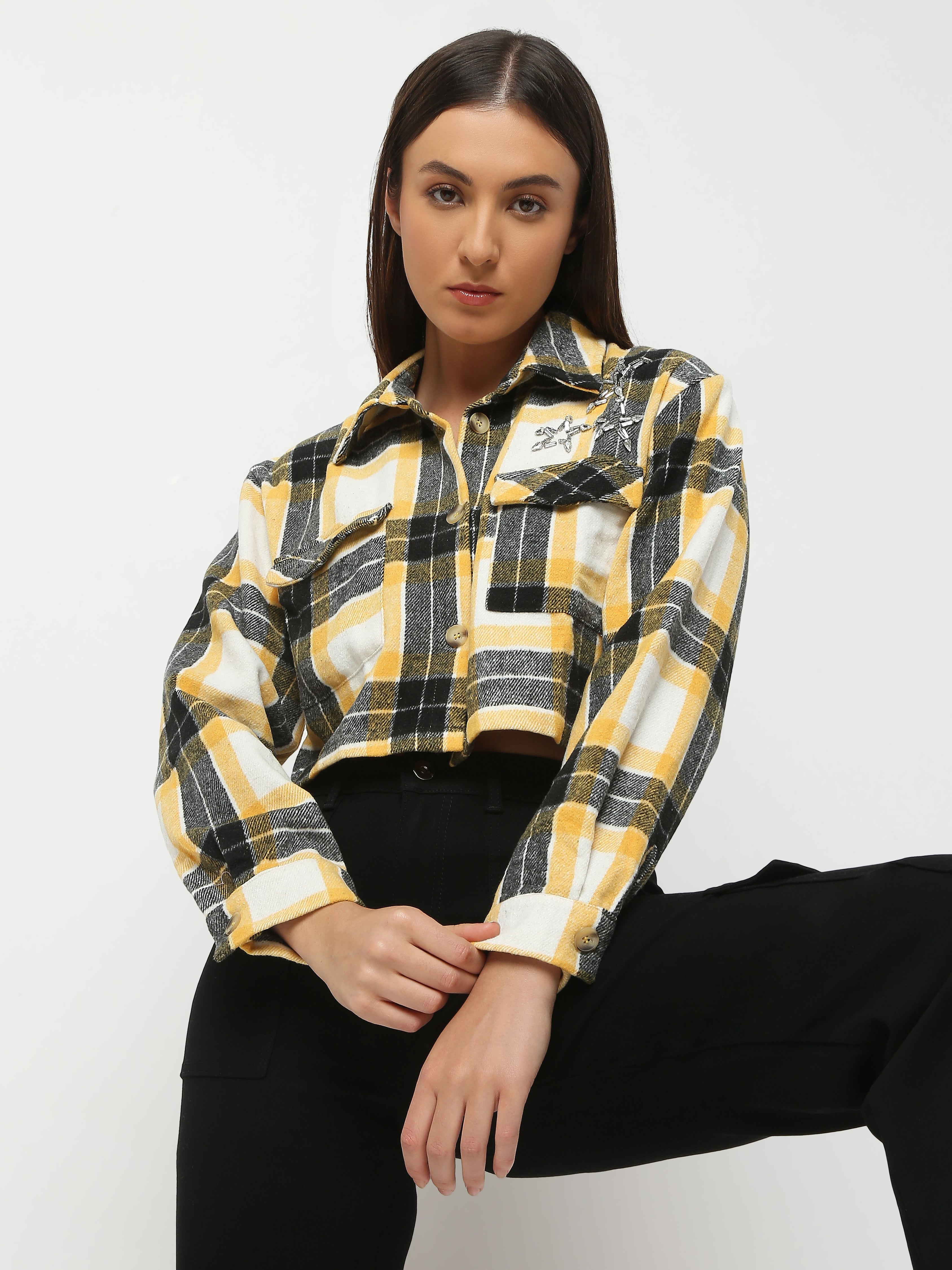 Cropped Yellow & Black Plaid Shirt with Embellished Stars