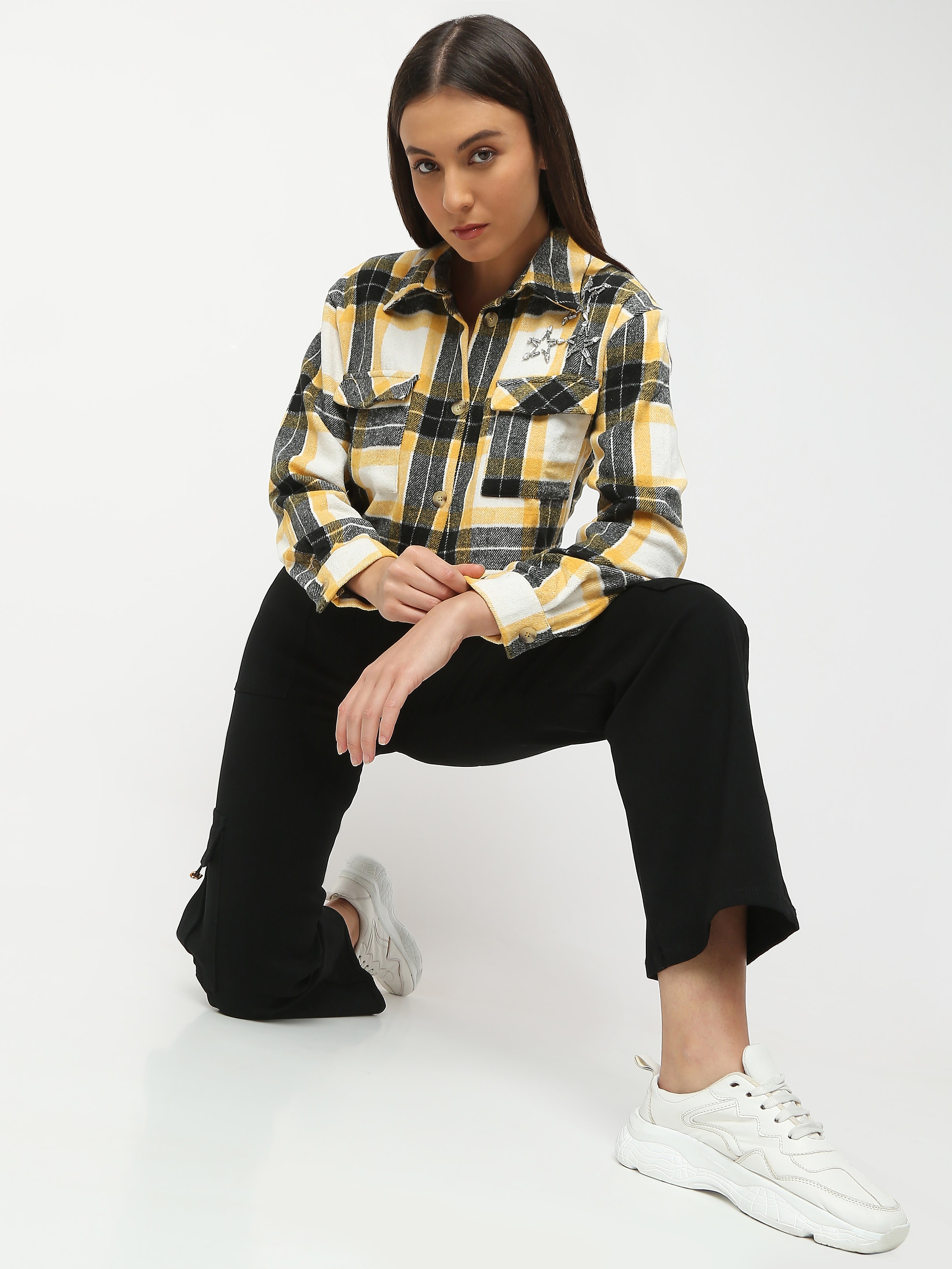 Cropped Yellow & Black Plaid Shirt with Embellished Stars