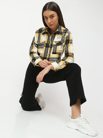 Cropped Yellow & Black Plaid Shirt with Embellished Stars