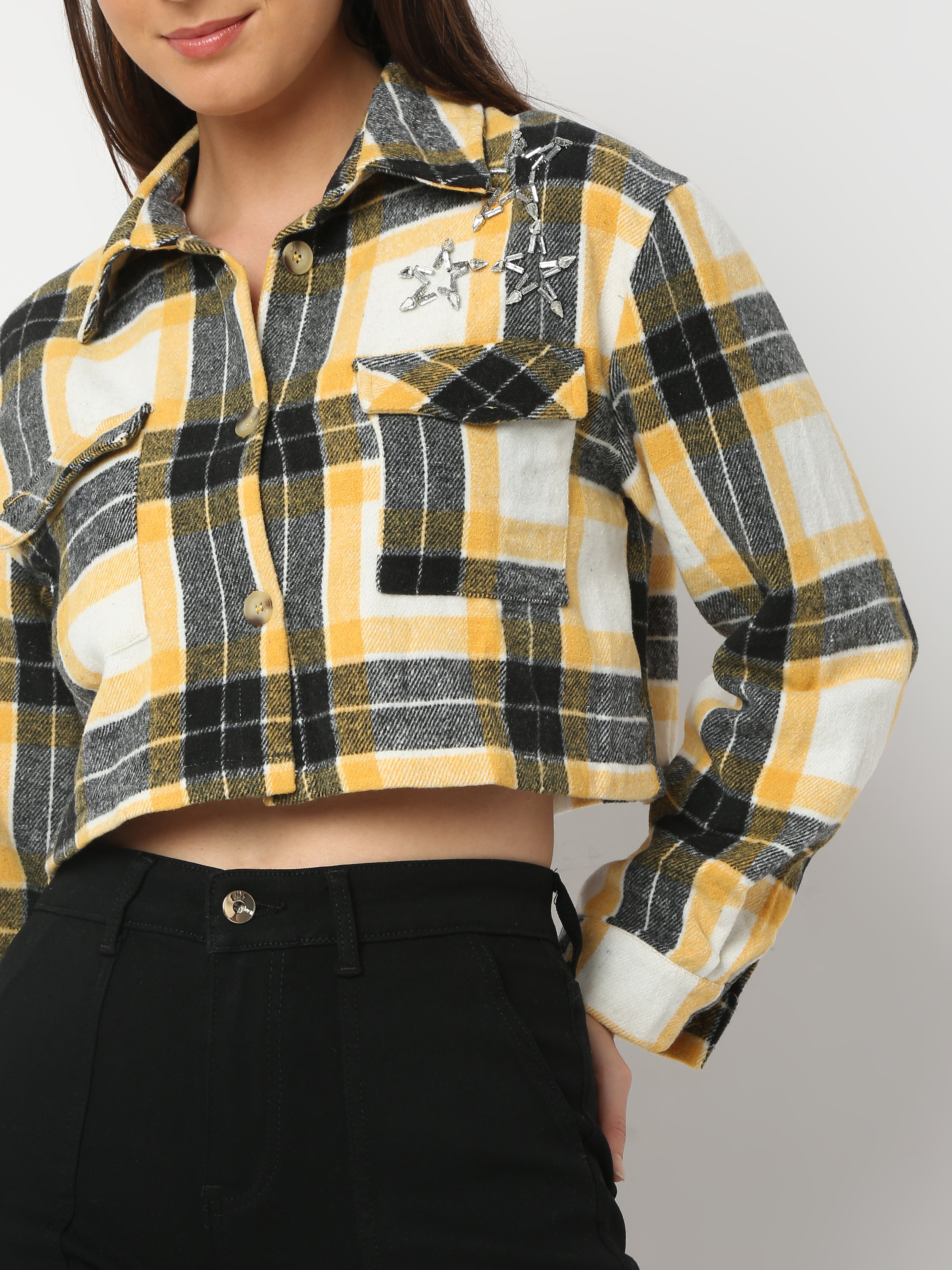 Cropped Yellow & Black Plaid Shirt with Embellished Stars