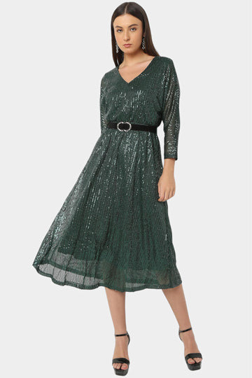 Sequin Belted Fit and Flare Midi Dress