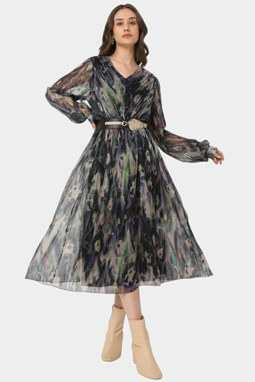 Multicolour Abstract Print Belted Midi Dress