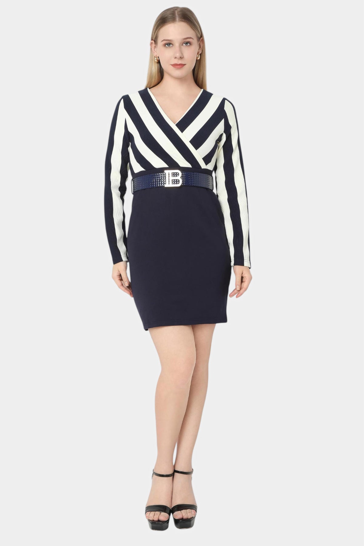 Navy and White Striped Wrap Bodice Bodycon Dress