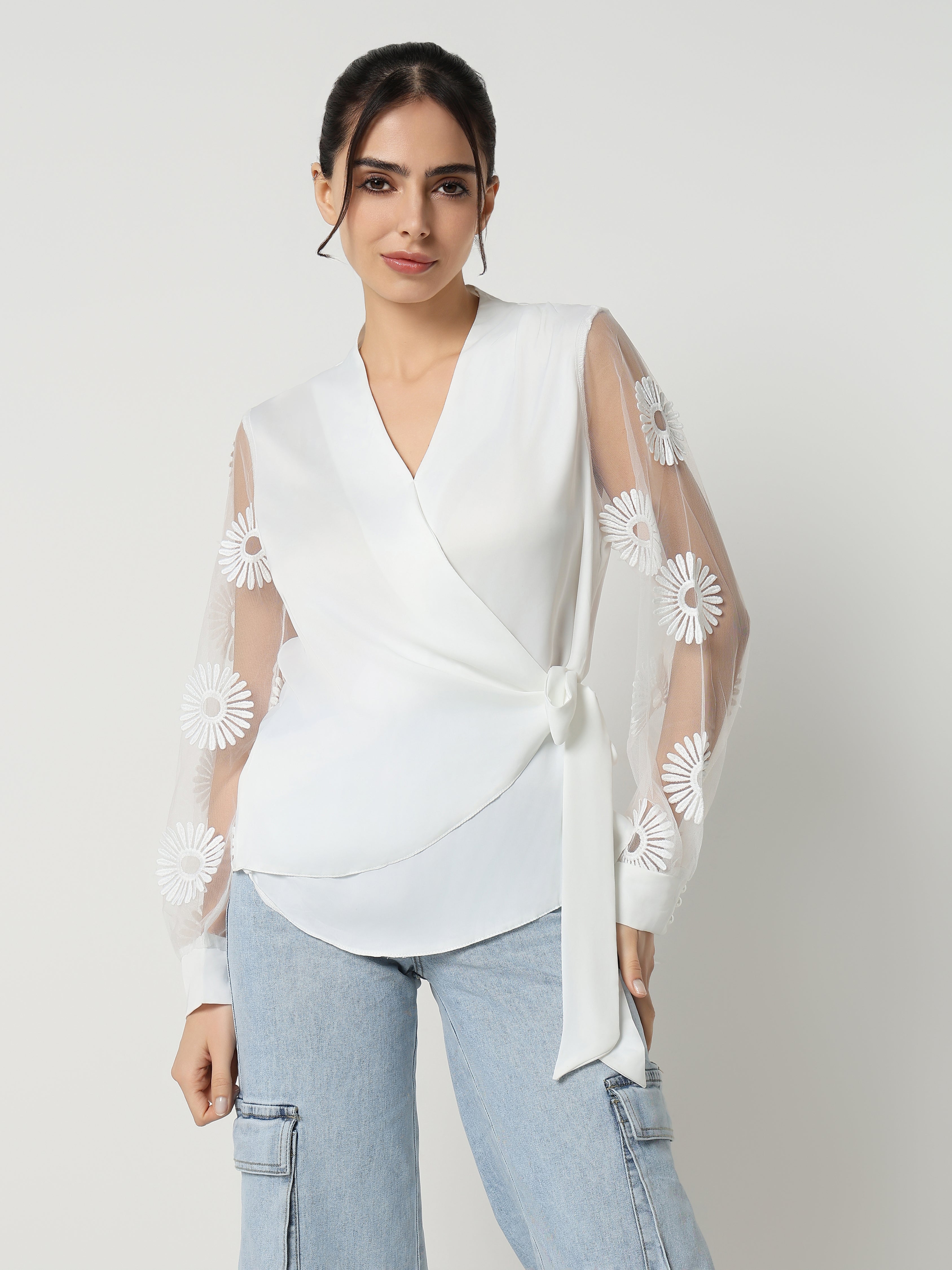 Floral Mesh Sleeve Wrap Top