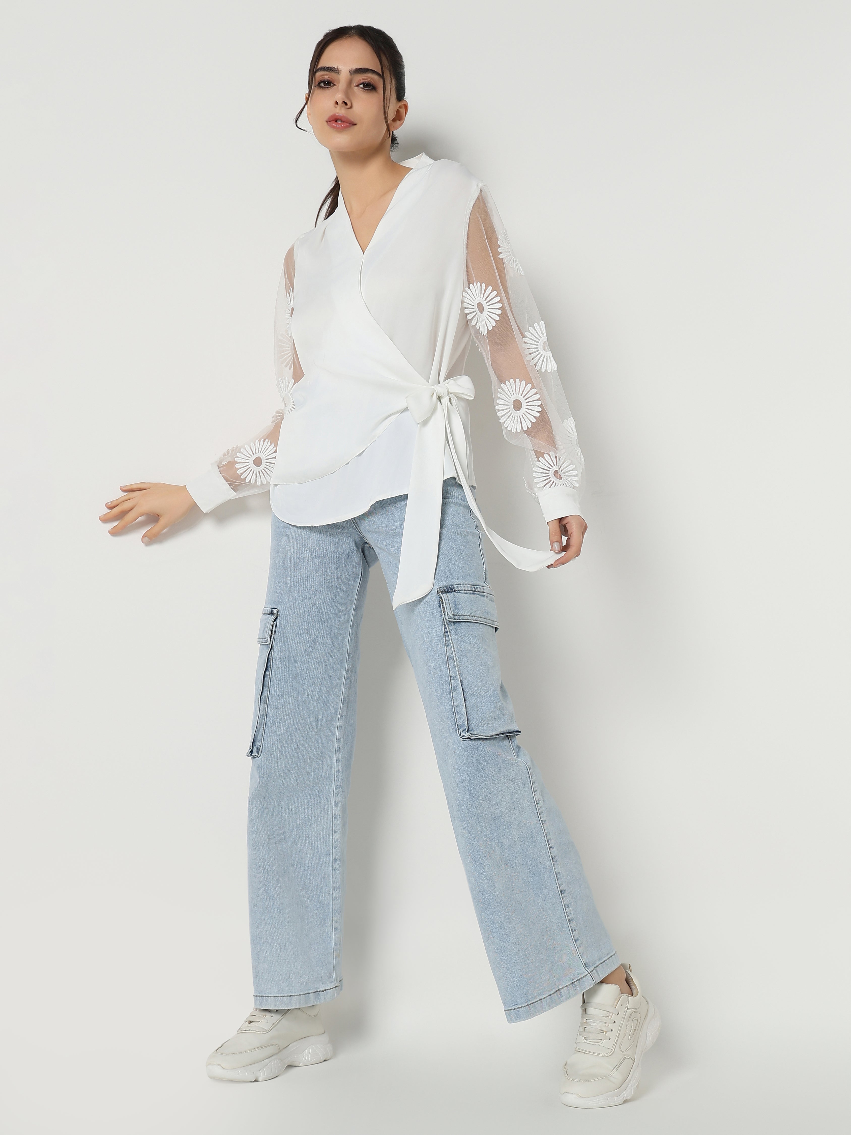 Floral Mesh Sleeve Wrap Top