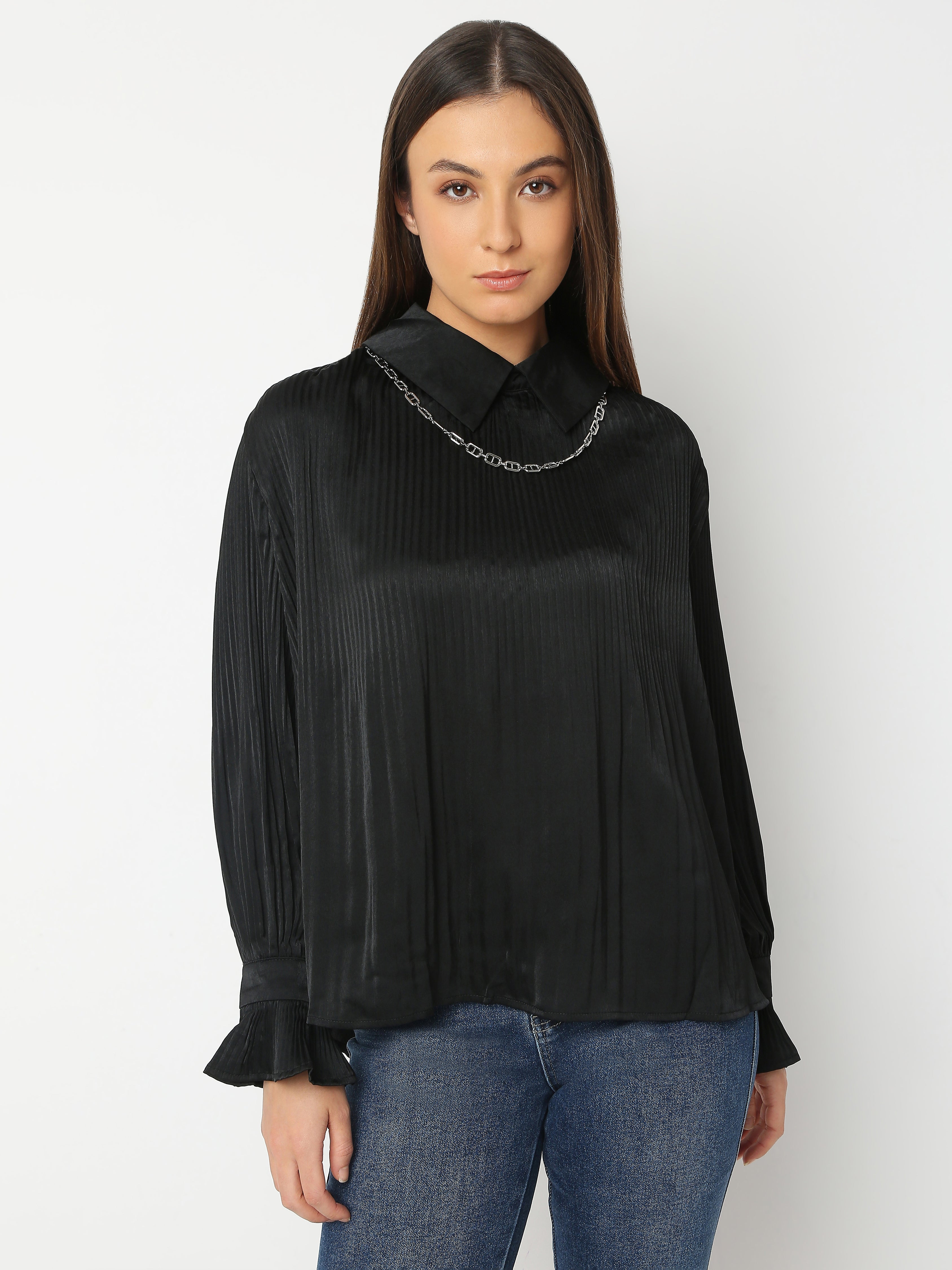 Pleated Chain Detail Collar Shirt