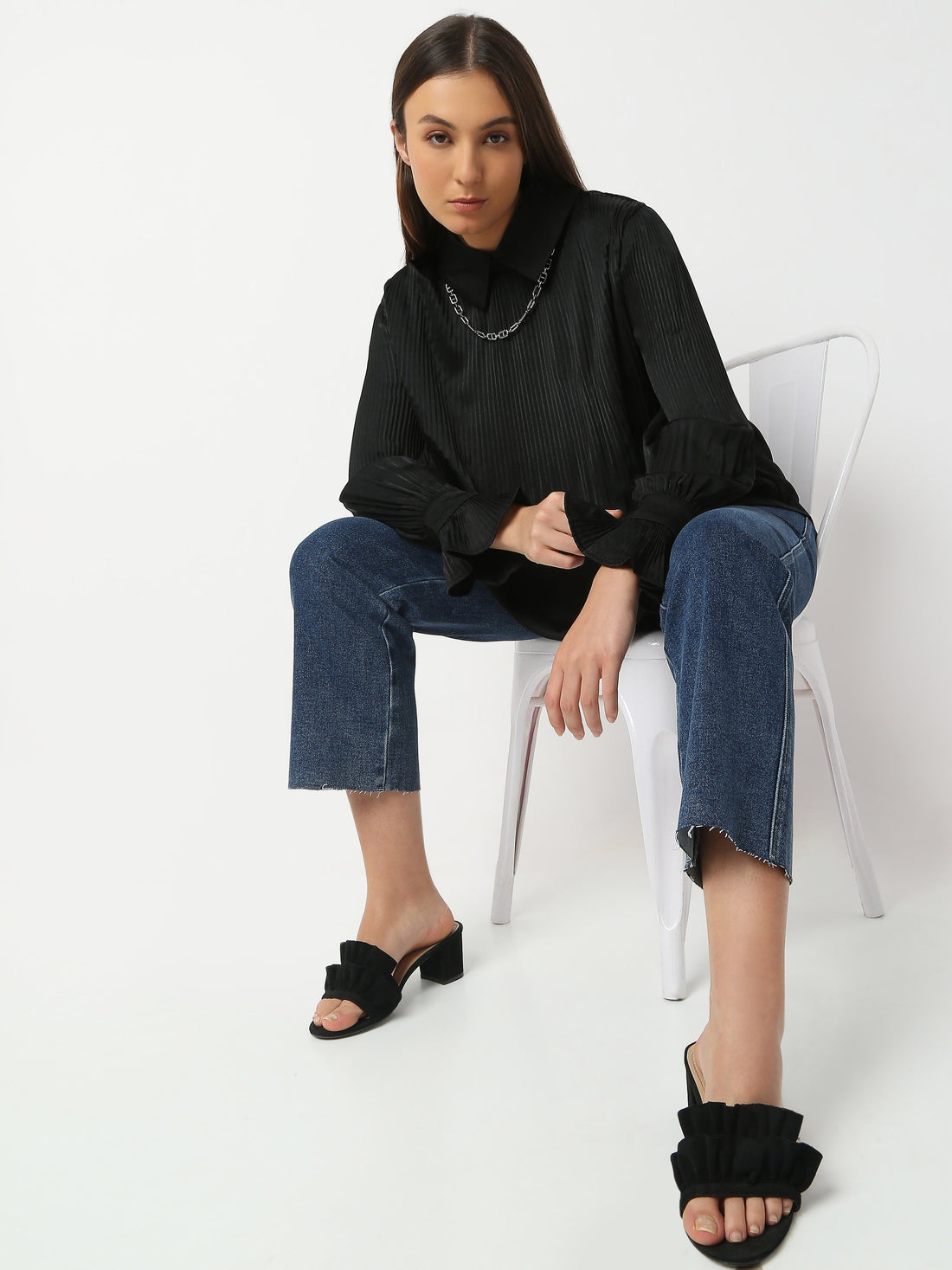 Pleated Chain Detail Collar Shirt