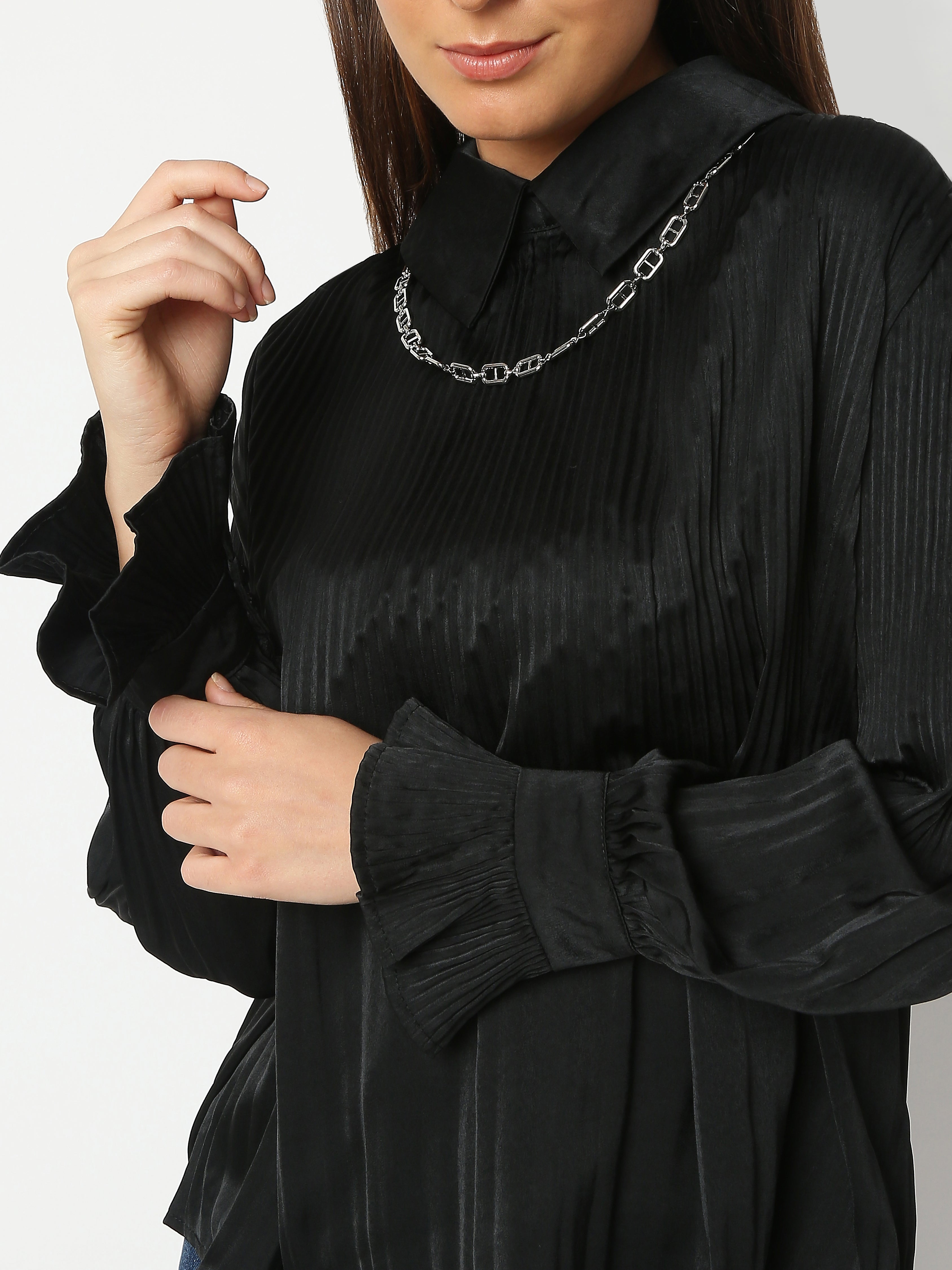 Pleated Chain Detail Collar Shirt
