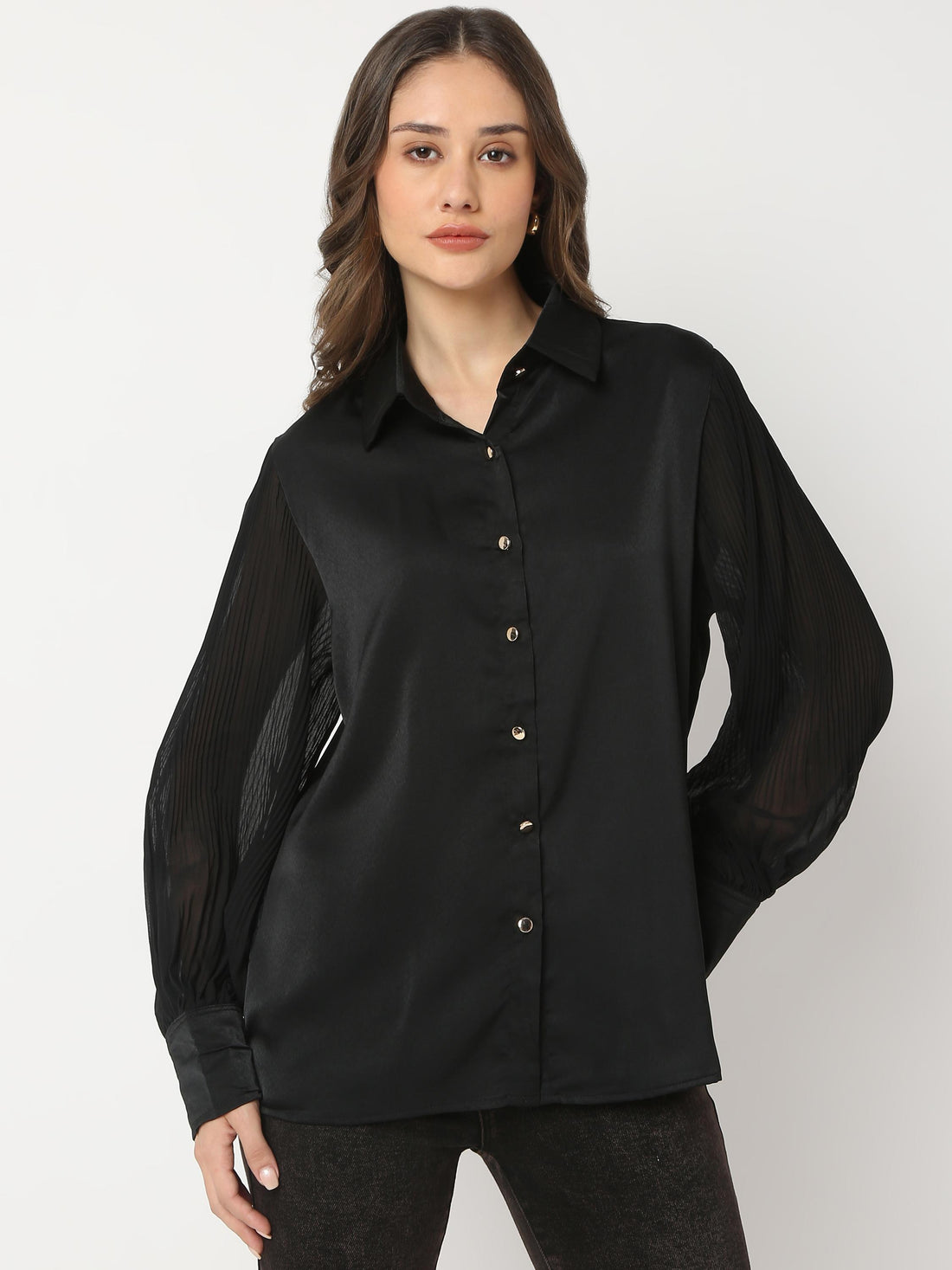 Satin Shirt with Sheer Sleeves