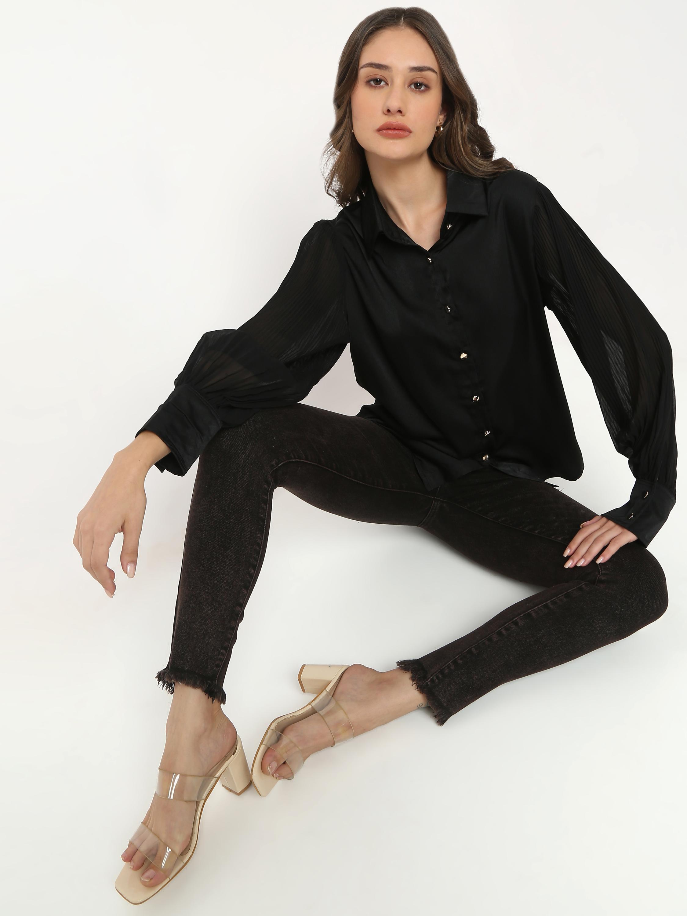 Satin Shirt with Sheer Sleeves