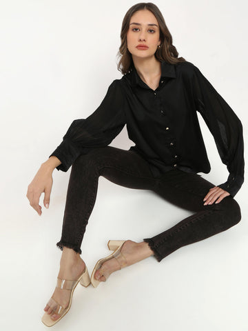 Satin Shirt with Sheer Sleeves