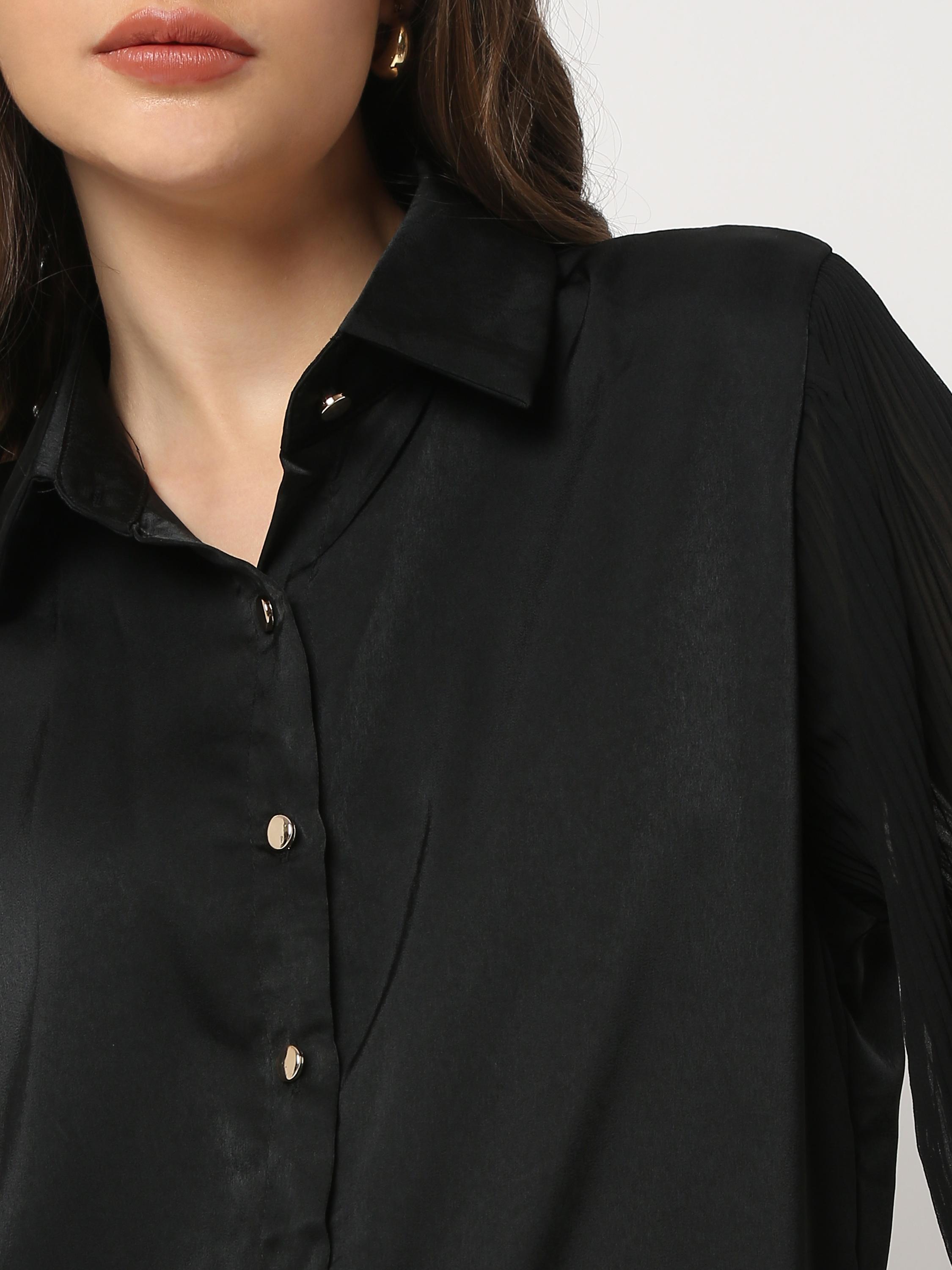 Satin Shirt with Sheer Sleeves