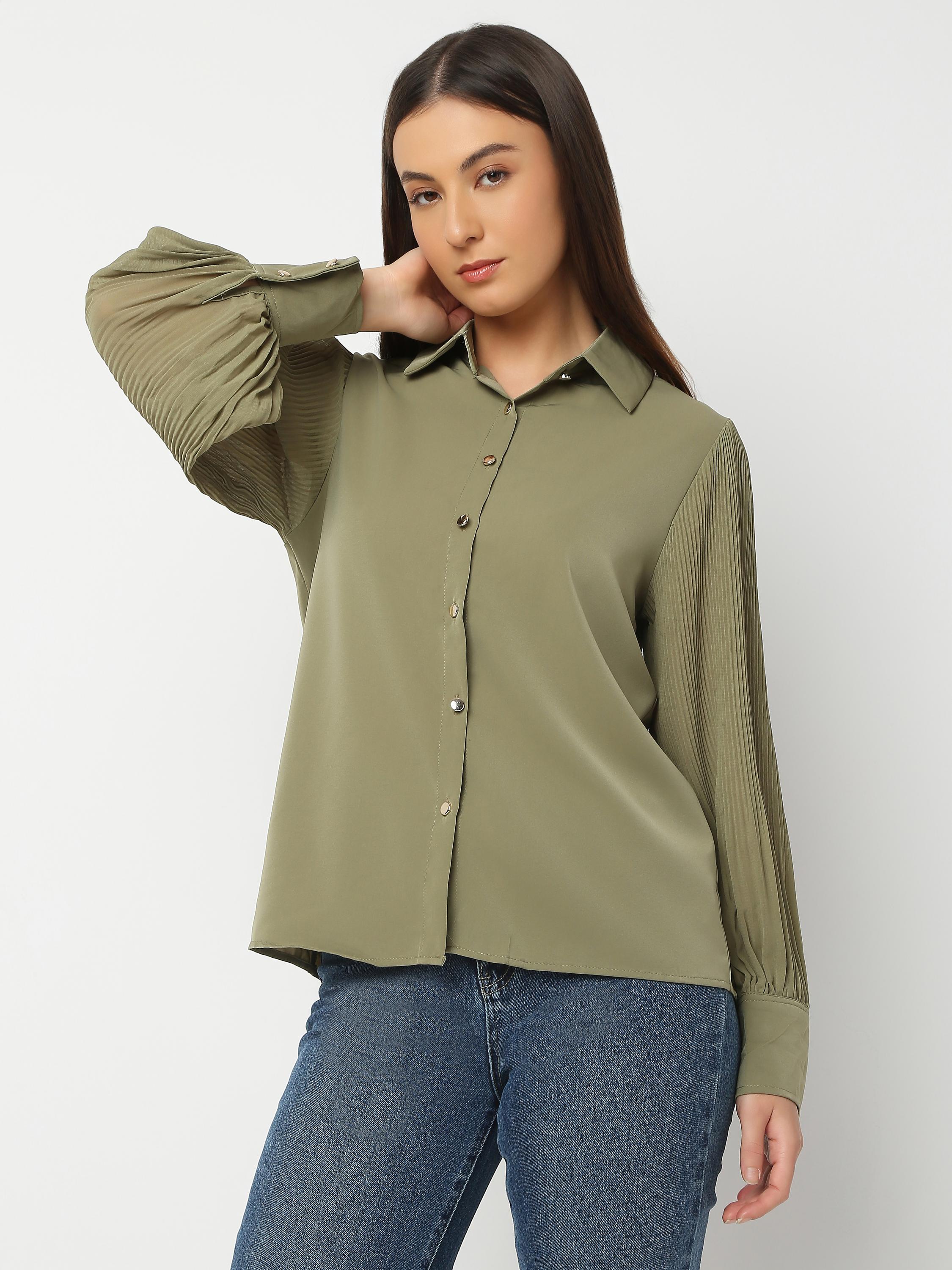Satin Shirt with Sheer Sleeves