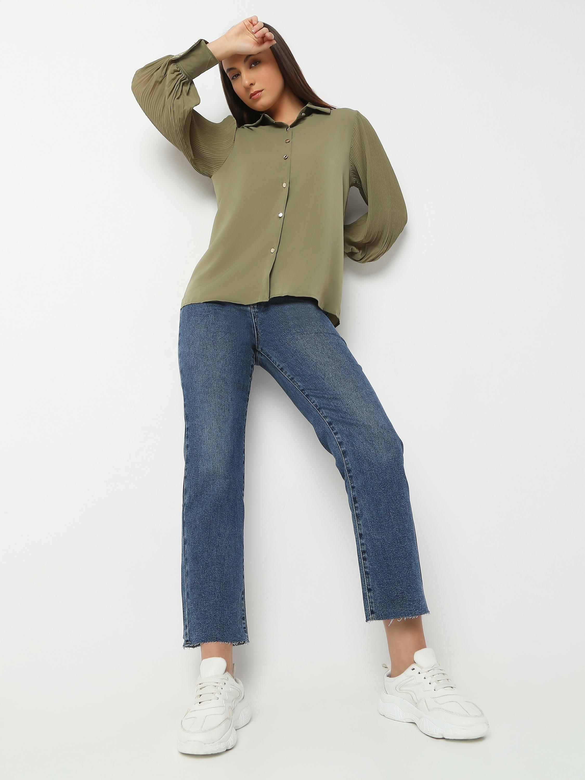 Satin Shirt with Sheer Sleeves