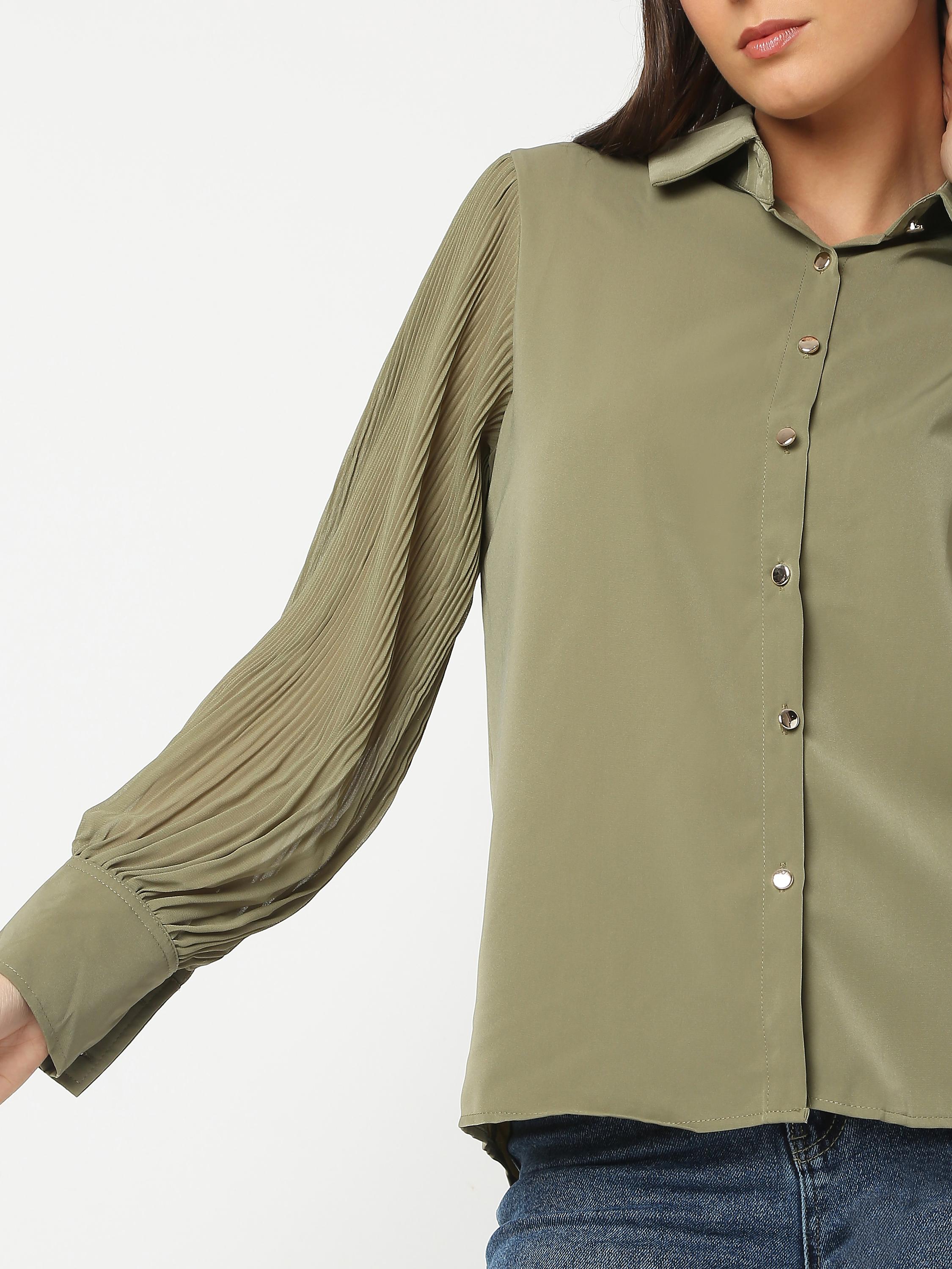 Satin Shirt with Sheer Sleeves