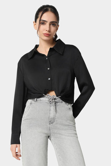 Black Satin Crop Shirt with Knot Hem