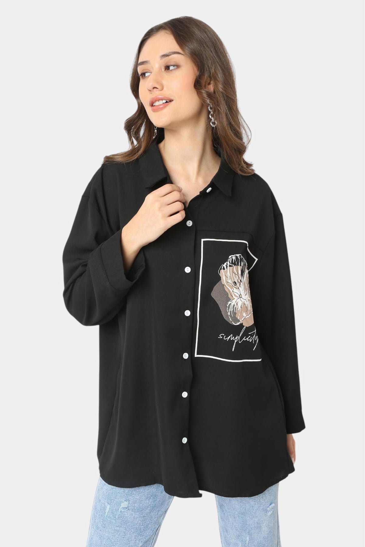 Black Oversized Shirt with Floral Graphic Print