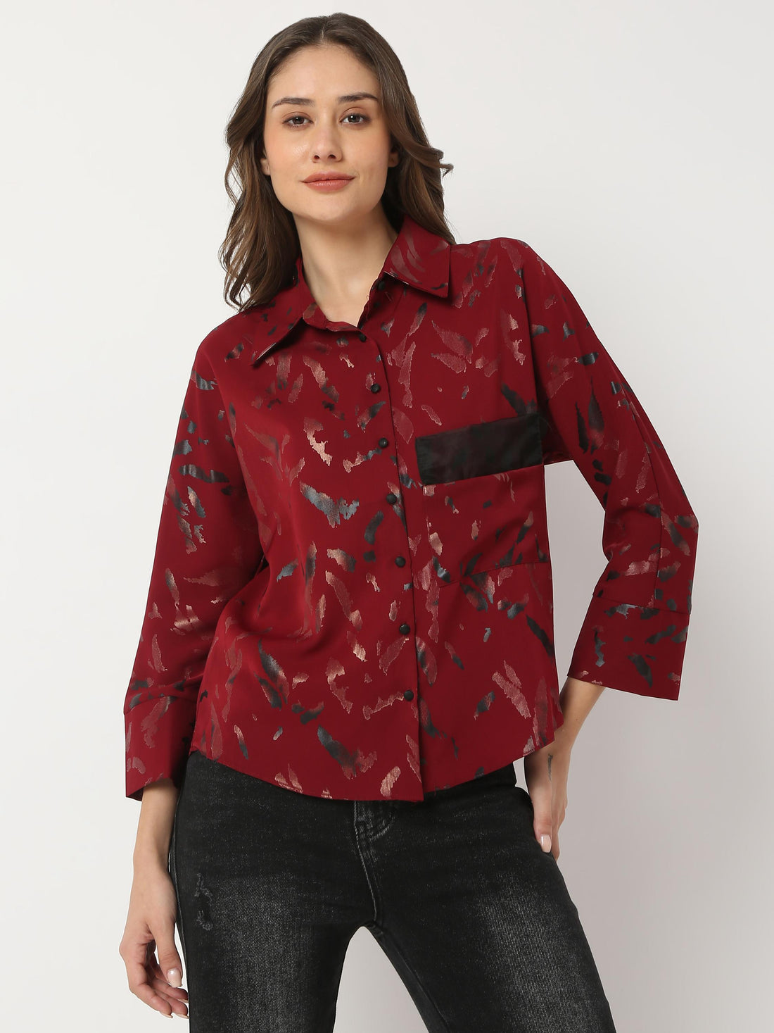 Abstract Brushstroke Print Relaxed Shirt with Contrast Pocket