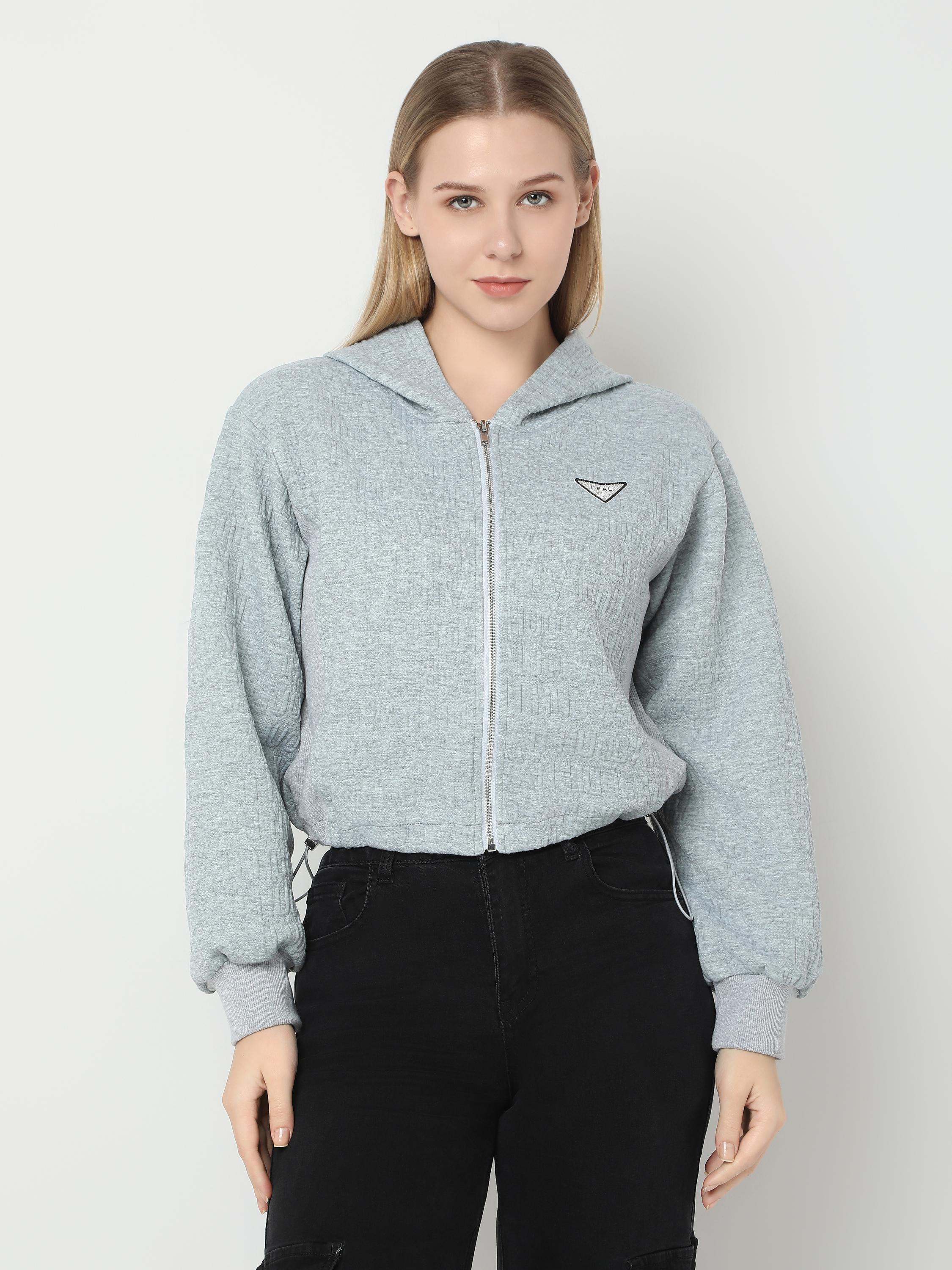 Textured Zip-Up Cropped Hoodie with Triangle Badge Detail