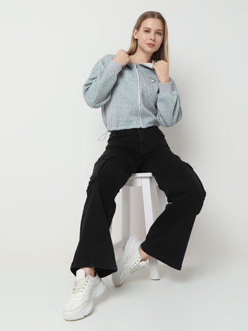 Textured Zip-Up Cropped Hoodie with Triangle Badge Detail