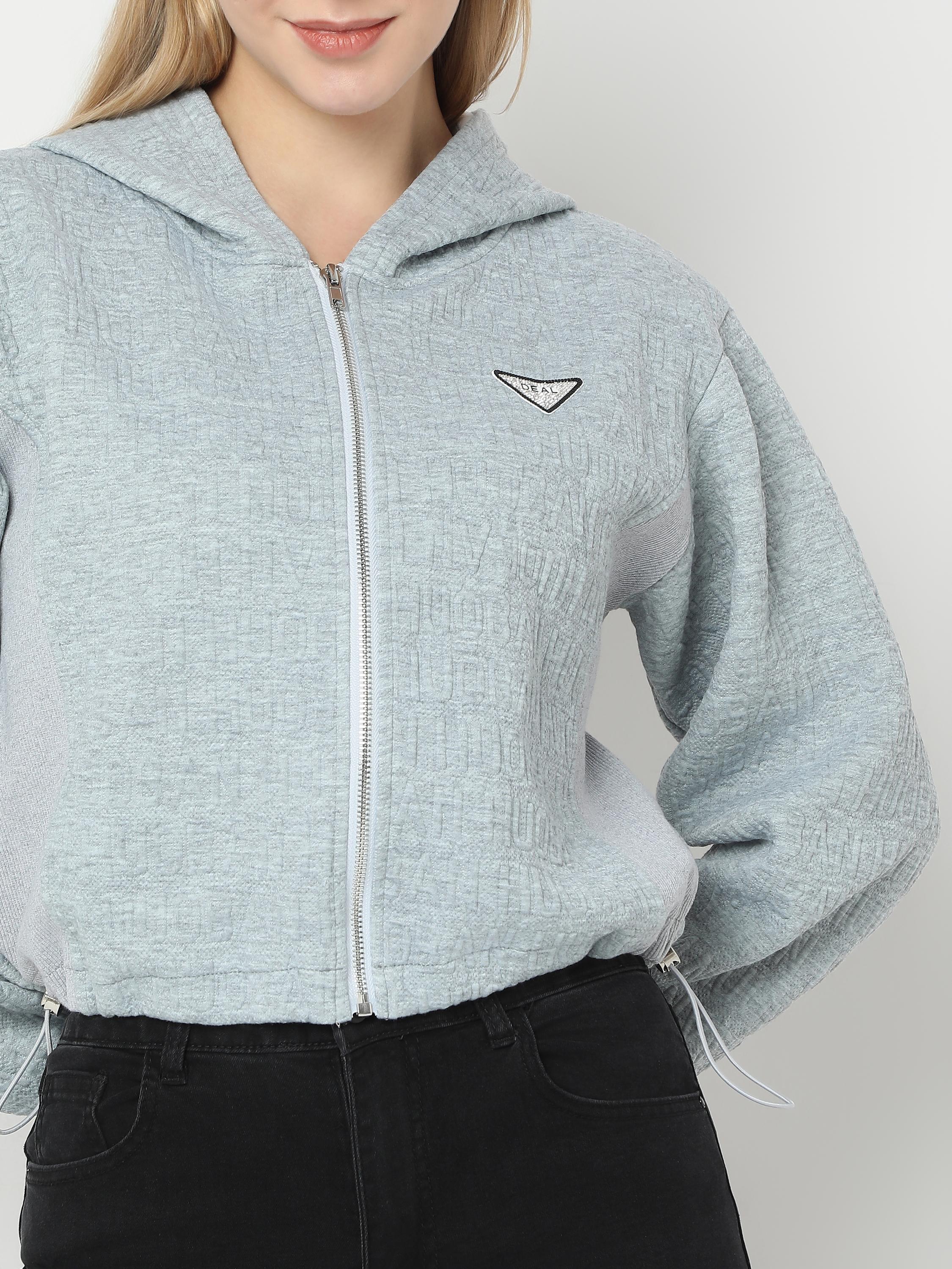 Textured Zip-Up Cropped Hoodie with Triangle Badge Detail