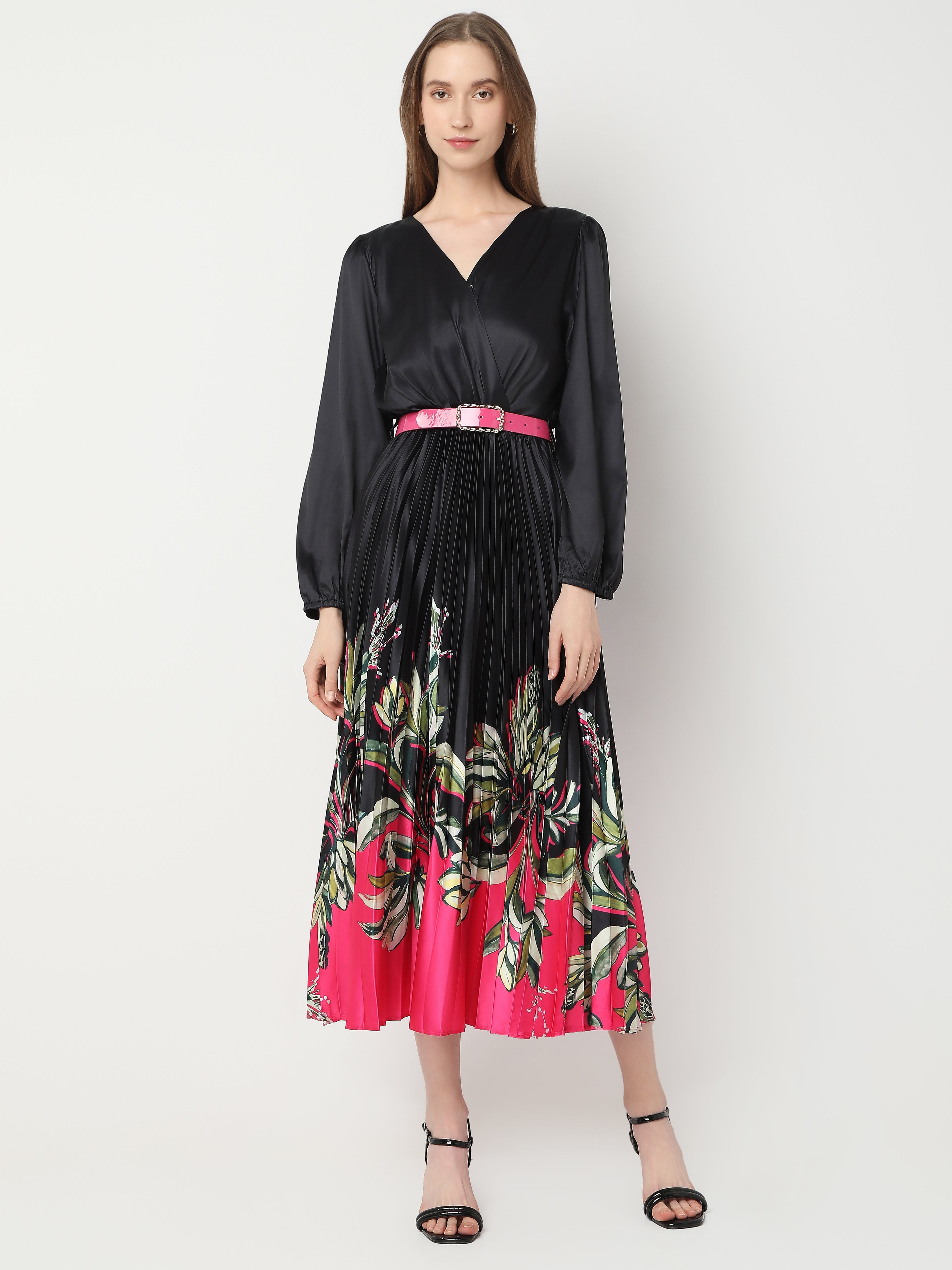 Women's Black Pleated Dress with Floral Print