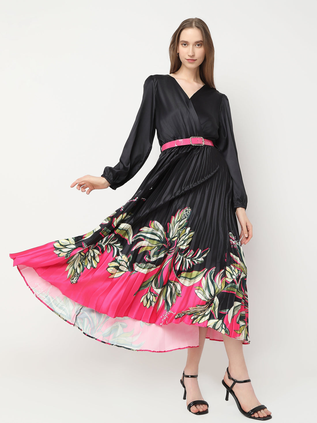 Women's Black Pleated Dress with Floral Print